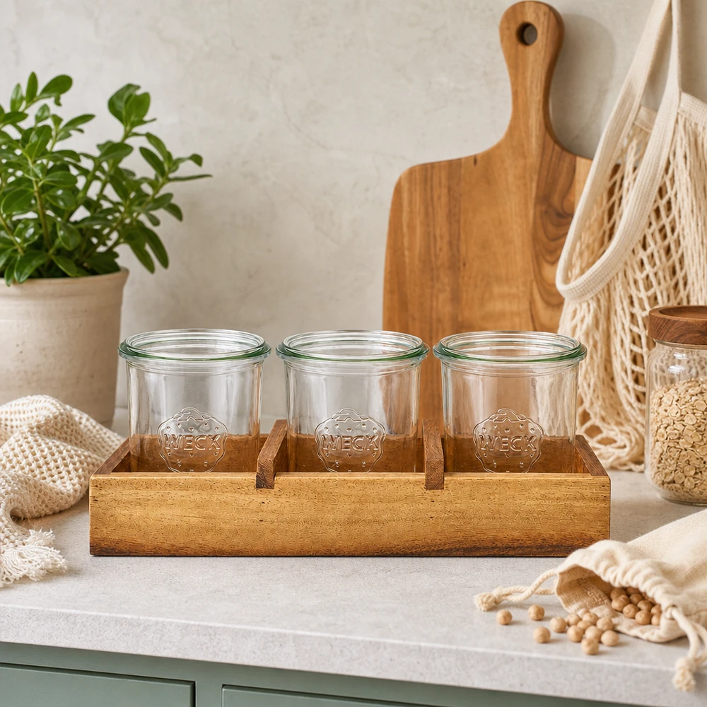 Vassoio di servizio Box3 in legno di acacia per 3 tumbler WECK. Tavola di servizio Box3 in legno di acacia tre vasi vuoti WECK scena di cucina con pianta tagliere vasi di stoccaggio naturale