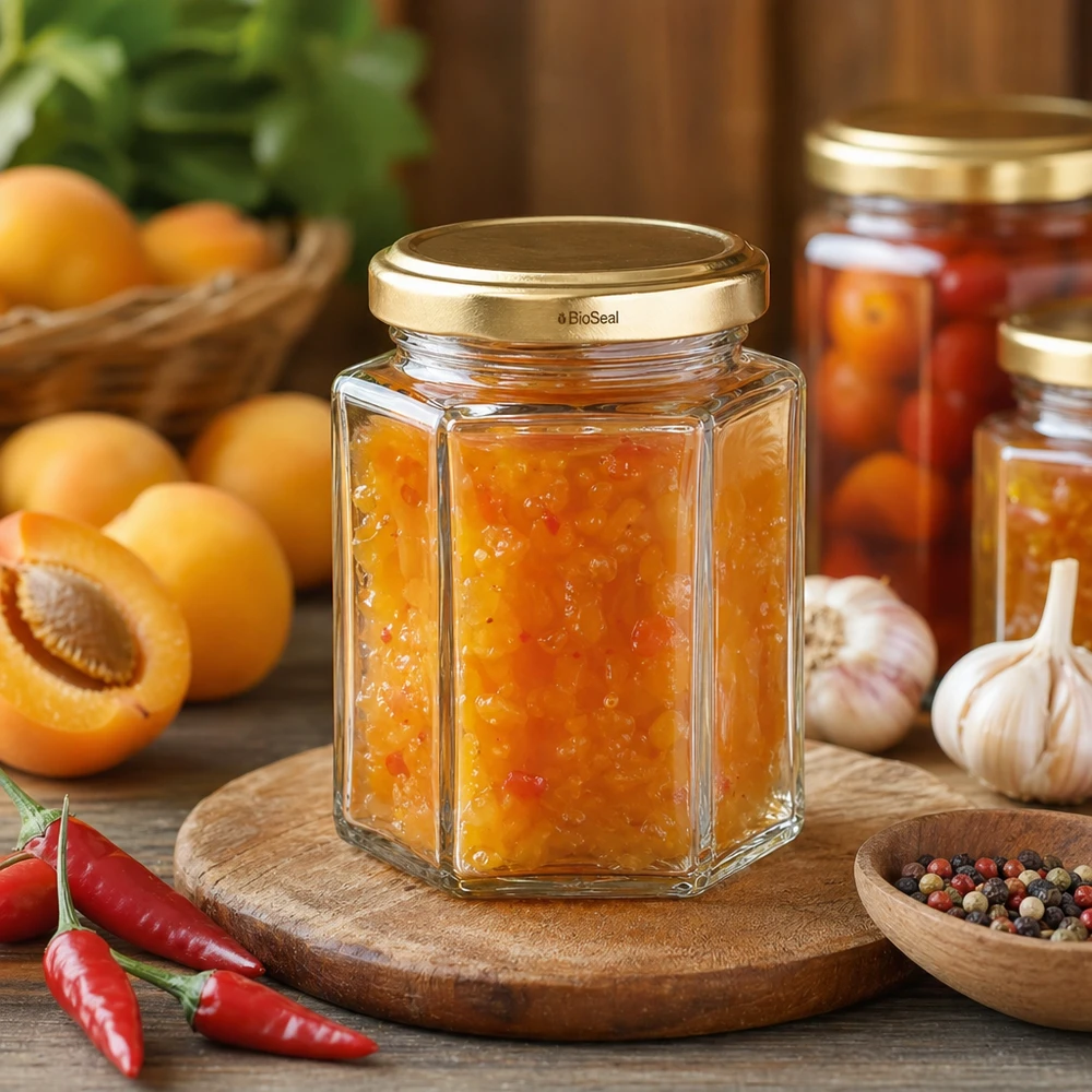 Barattolo di marmellata UNiTWIST Hexa196 con coperchio dorato TO58 BioSeal riempito di marmellata di albicocche accanto a peperoncino e albicocca
