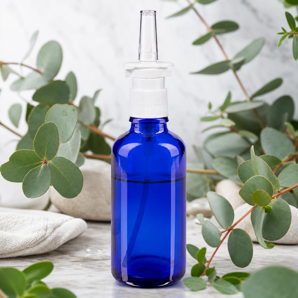 Apothekenflasche blau 50ml Nasenzerstäuber weiß Standard Professionelle Nasensprayflasche 50ml Kobaltglas mit präziser Sprühdüse für Apotheken