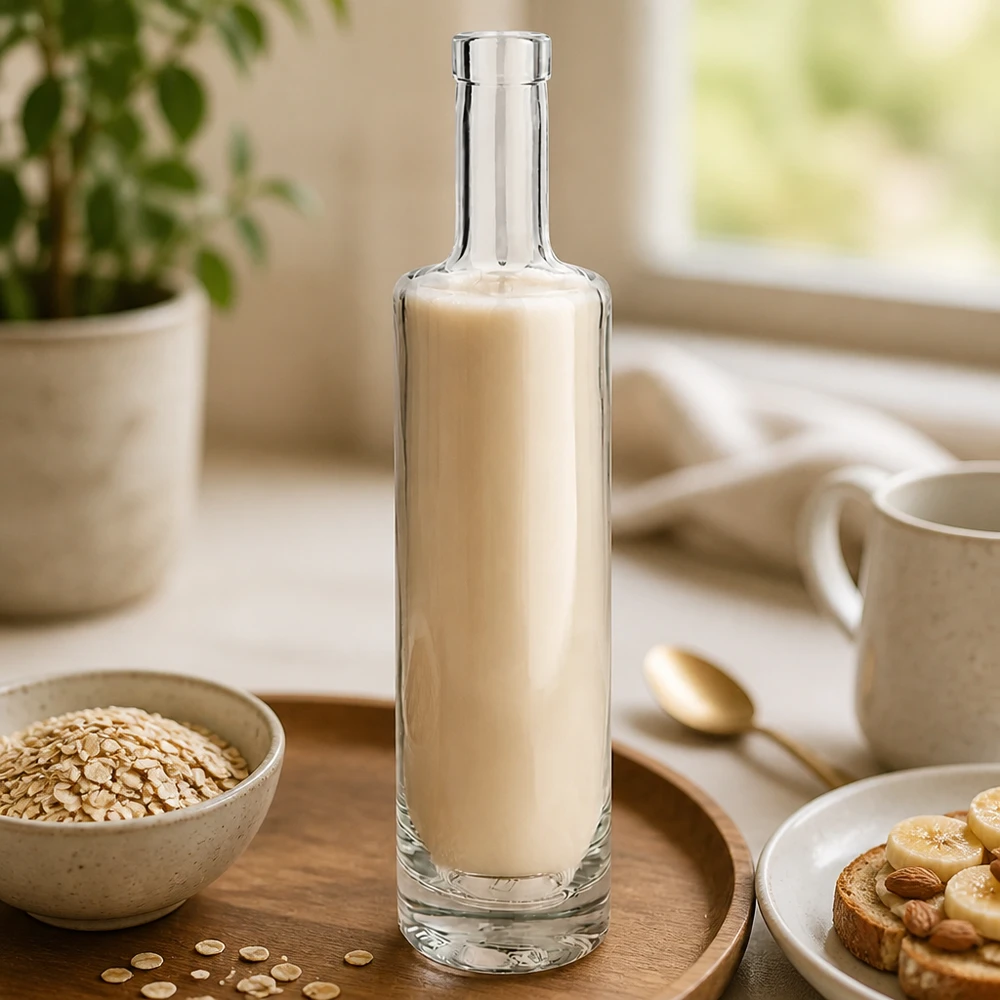 Bottiglia di vetro da 500 ml di Lina riempita di latte d'avena in un elegante ambiente di cucina con fiocchi d'avena e immagine della colazione 3