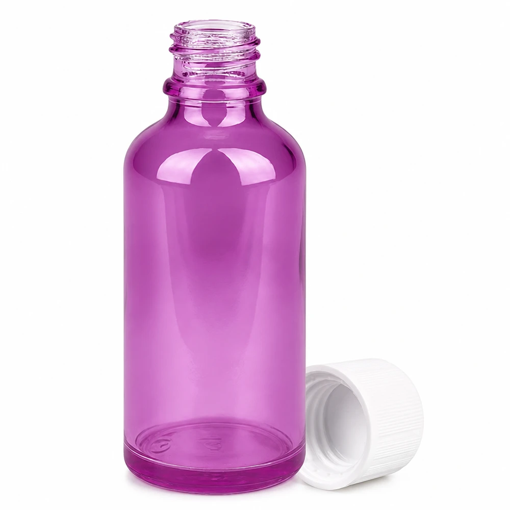 Flacone in vetro trasparente viola da 50 ml con collo da 11 mm per tinture e preparazioni liquide