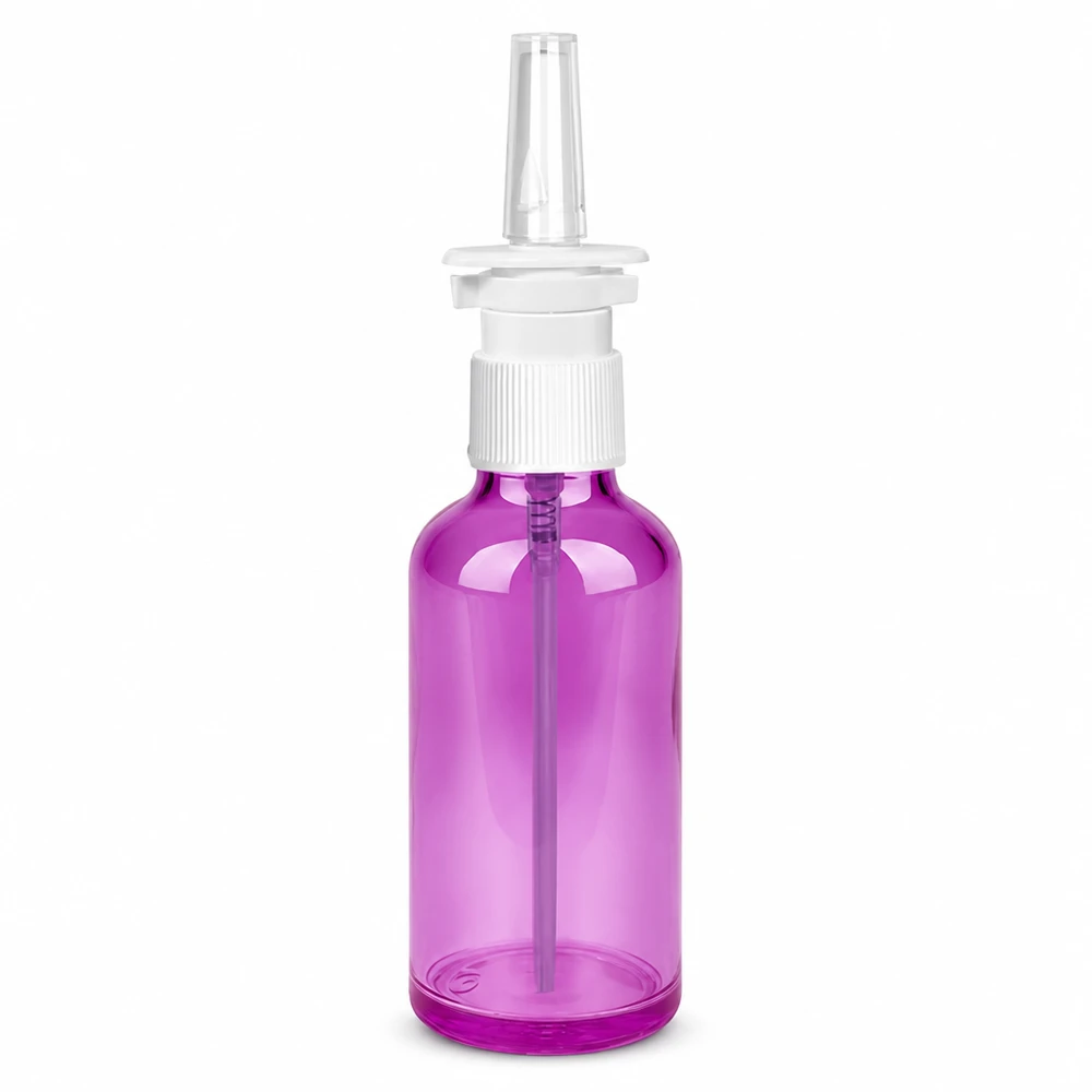 Vaporisateur nasal de 50ml blanc/transparent standard PurpleLine. UT18/50 Bouteille de spray nasal ronde de 50 ml de couleur violette avec bouchon à vis blanc et tête de pulvérisation