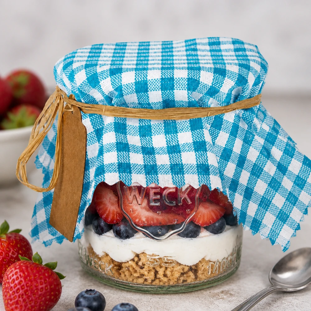 Stoff Schmuckdeckchen türkis-kariert 15cm eckig Türkis-kariertes Stoff Schmuckdeckchen auf Dessertglas mit Beeren-Schichtdessert und Raffiabast-Verschluss dekoriert