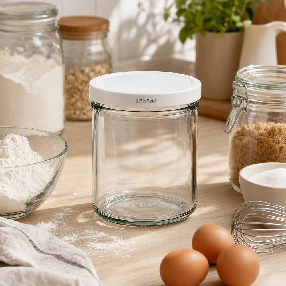 167ml Sturzglas mit BioSeal Deckel weiß UNiTWIST UNiTWIST 167ml Sturz-Glas leer Küchenszene Backzutaten Eier Mehl weißer TO66 BioSeal Deckel Lebensmittelaufbewahrung