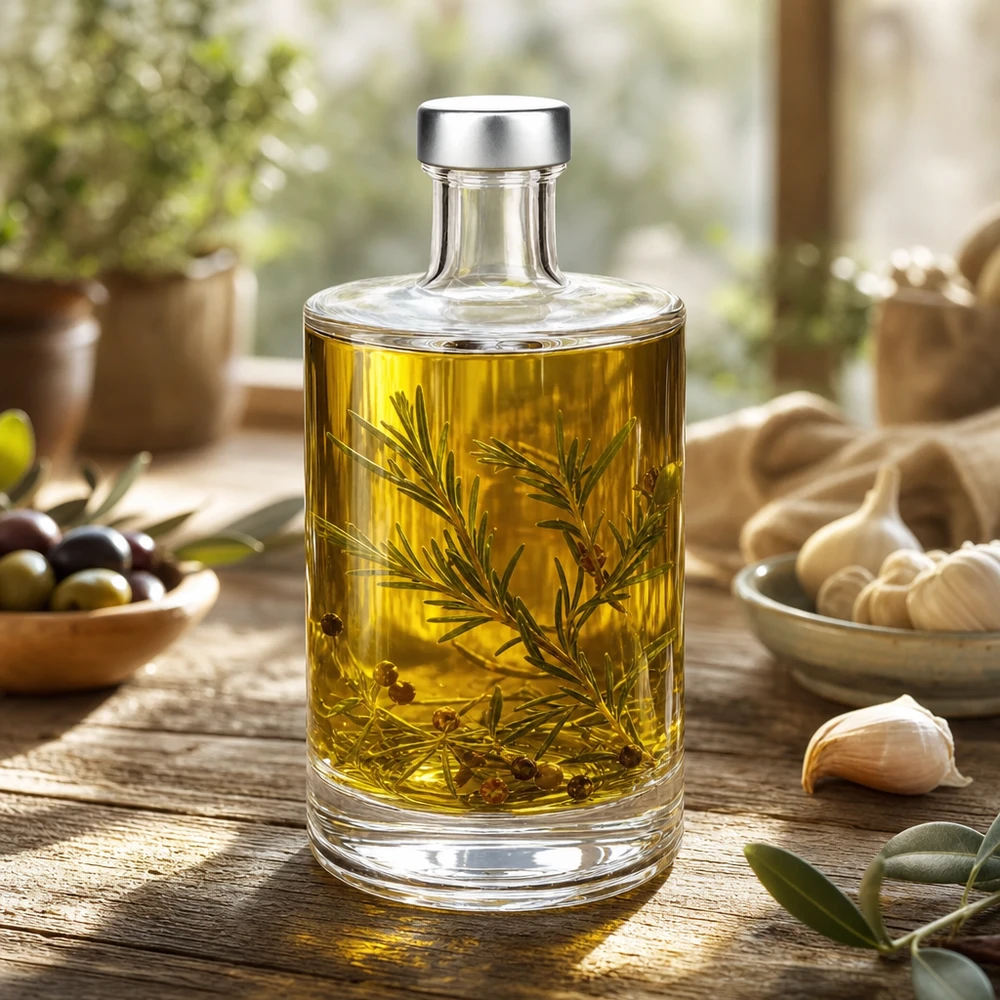 Bottiglia di vetro da 500ml Sam riempita con olio alle erbe rosmarino tra olive aglio cucina mediterranea scenario