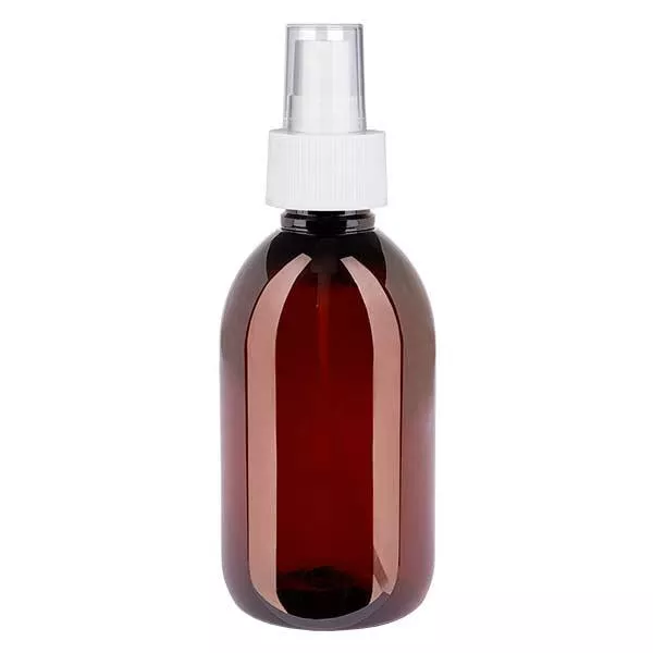Flacon médical de 250 ml en PET, avec spray blanc GCMI 28/410 et capuchon transparent standard