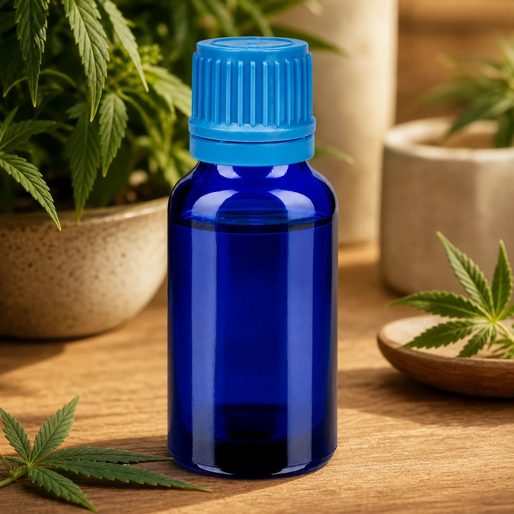 Flacone in vetro BlueLine da 20 ml con protezione UV grazie al vetro blu scuro per sostanze sensibili alla luce