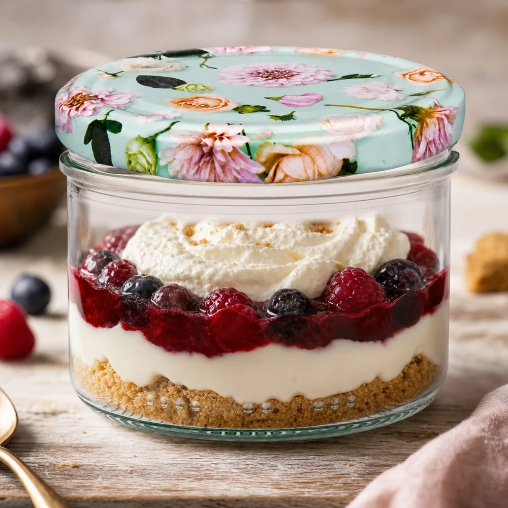 230ml Zylinderglas + BasicSeal Deckel Blume mint 230ml Zylinderglas mit BasicSeal Deckel Blume mint für Desserts - Schichtdessert mit Beeren und Sahne im Vorratsglas