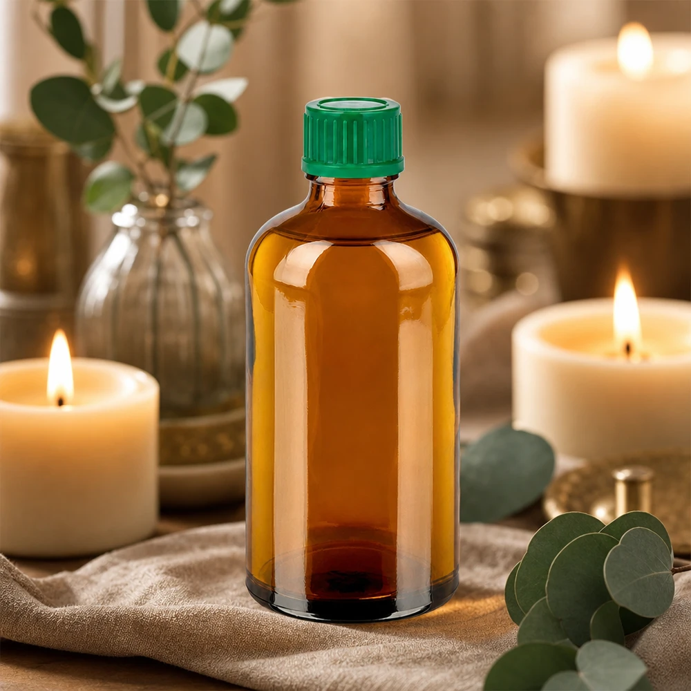 Flacone compatto da 100 ml in vetro ambrato con robusto tappo verde per l'uso quotidiano