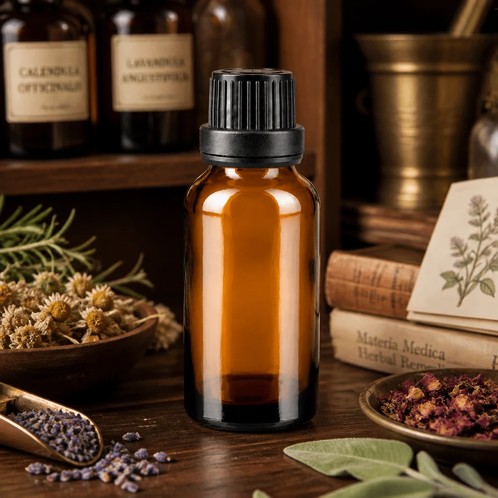 Flacon à pharmacie bleu 20ml bouchon goutte à goutte noir 1mm bouchon d'inviolabilité Petite bouteille en verre brun de 20 ml avec un bouchon noir, entourée d'herbes séchées et de plantes médicinales