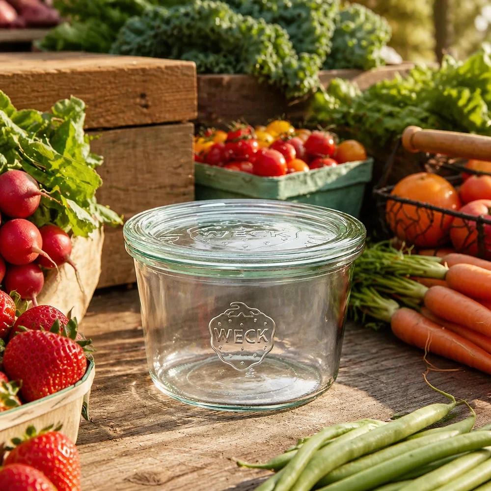 Bocal en verre de 370 ml avec couvercle en verre WECK RR100 WECK Sturzglas 370ml RR100 umgeben von frischem Gemüse und Obst auf Holztisch als Lifestyle-Aufnahme
