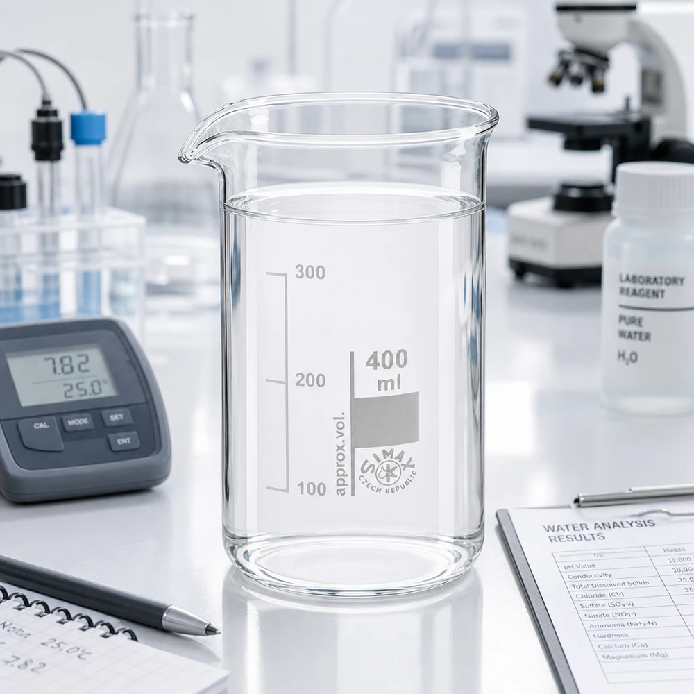 Bicchiere di vetro trasparente da 400 ml, forma alta, con acqua limpida e pHmetro in laboratorio