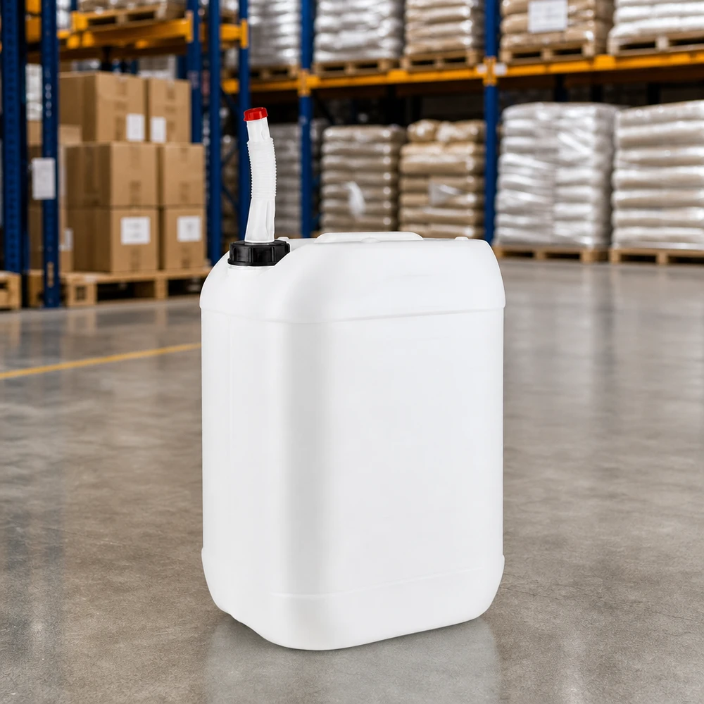 Bidon 25 litres avec tuyau d'écoulement Flex Bidon de 25 L adapté au contact alimentaire, avec bec verseur flexible et bouchon à vis noir, disponible en stock