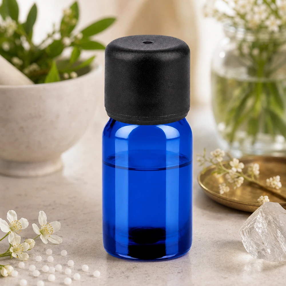 Pratico flacone in vetro blu da 5 ml con tappo a chiusura ermetica per applicazioni mobili in movimento