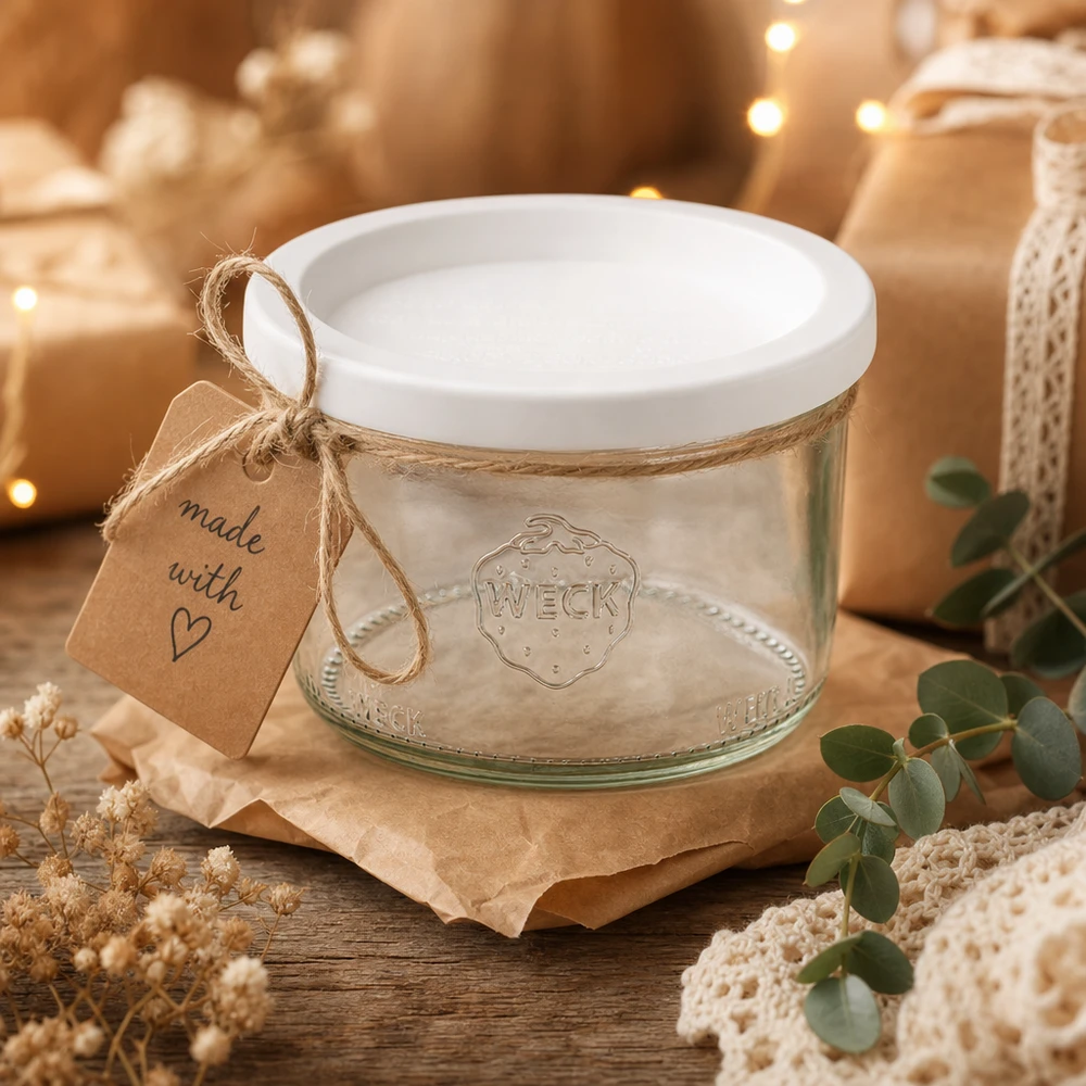 200ml Sturzglas mit Frischedeckel WECK RR80 WECK Sturzglas 200ml RR80 als Geschenk dekoriert mit Juteschnur und Anhänger Made with Love auf Holztisch