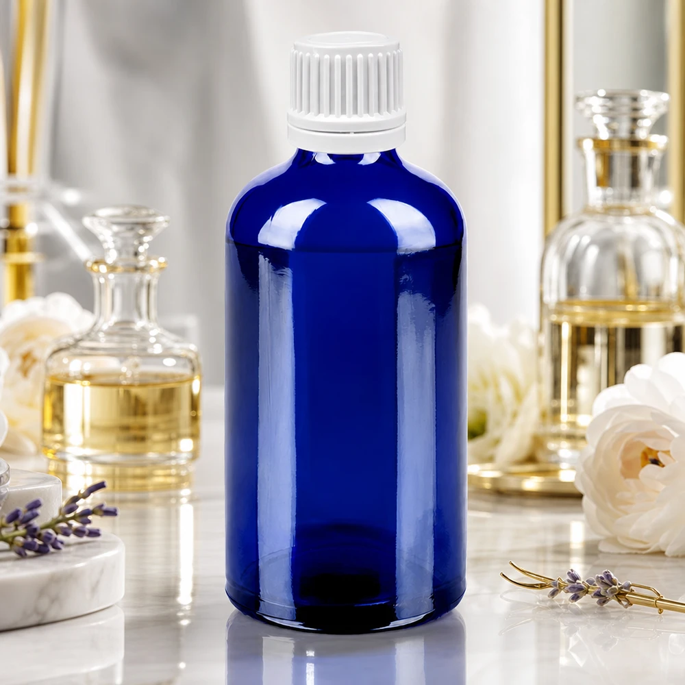 100ml Flasche 11mm Schraubverschluss weiß Originalitätsverschluss BlueLine UT18/100 Kompakte 100ml Flasche in Kobaltblau mit weißem 11mm Verschluss für mobile Anwendungen