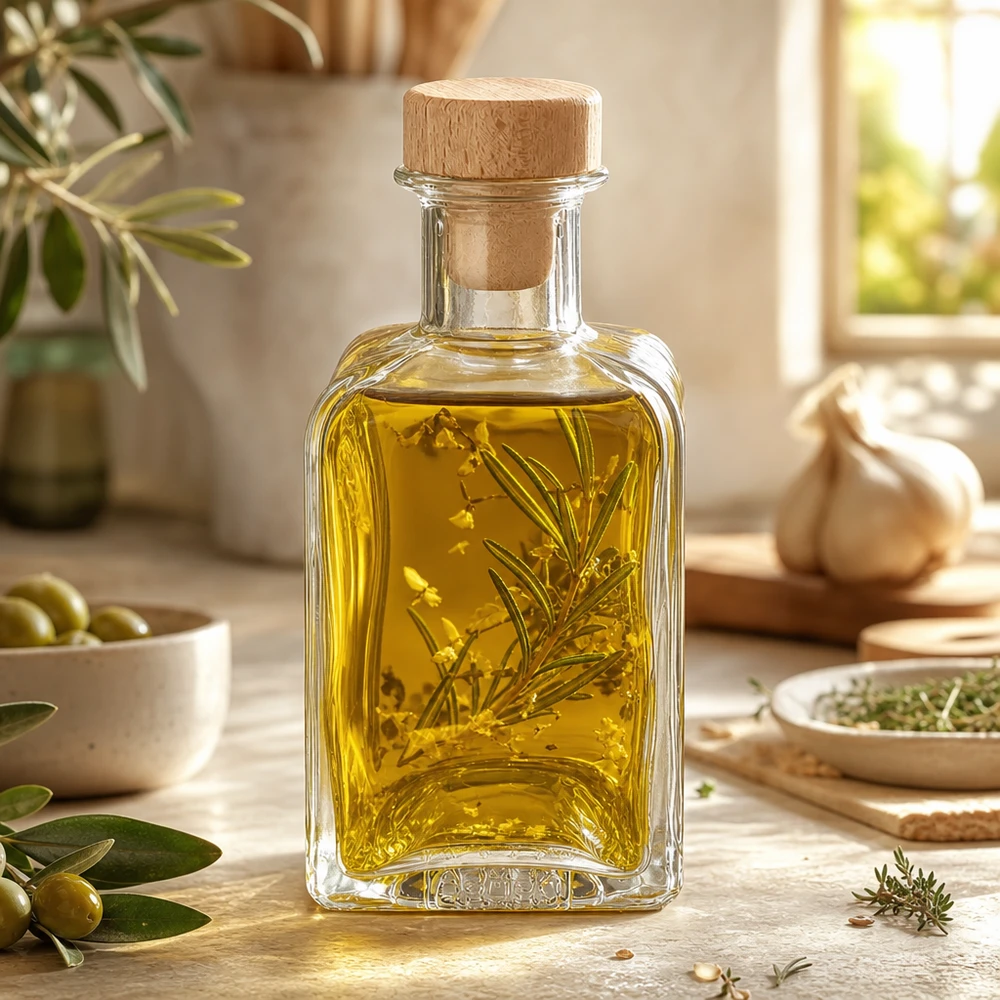 Flacone farmaceutico da 200 ml Clara con tappo in sughero con impugnatura in legno UNiTWIST® Bottiglia di vetro Clara da 200 ml riempita con olio alle erbe rametto di rosmarino sughero in legno decorazione cucina oli speziati mediterranei