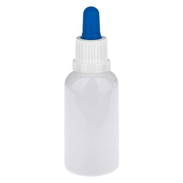 Flacone con pipetta da 30 ml bianco/blu con tappo di sicurezza WhiteLine UT18/30 Flacone con pipetta da 30 ml bianco/blu con tappo di sicurezza WhiteLine UT18/30