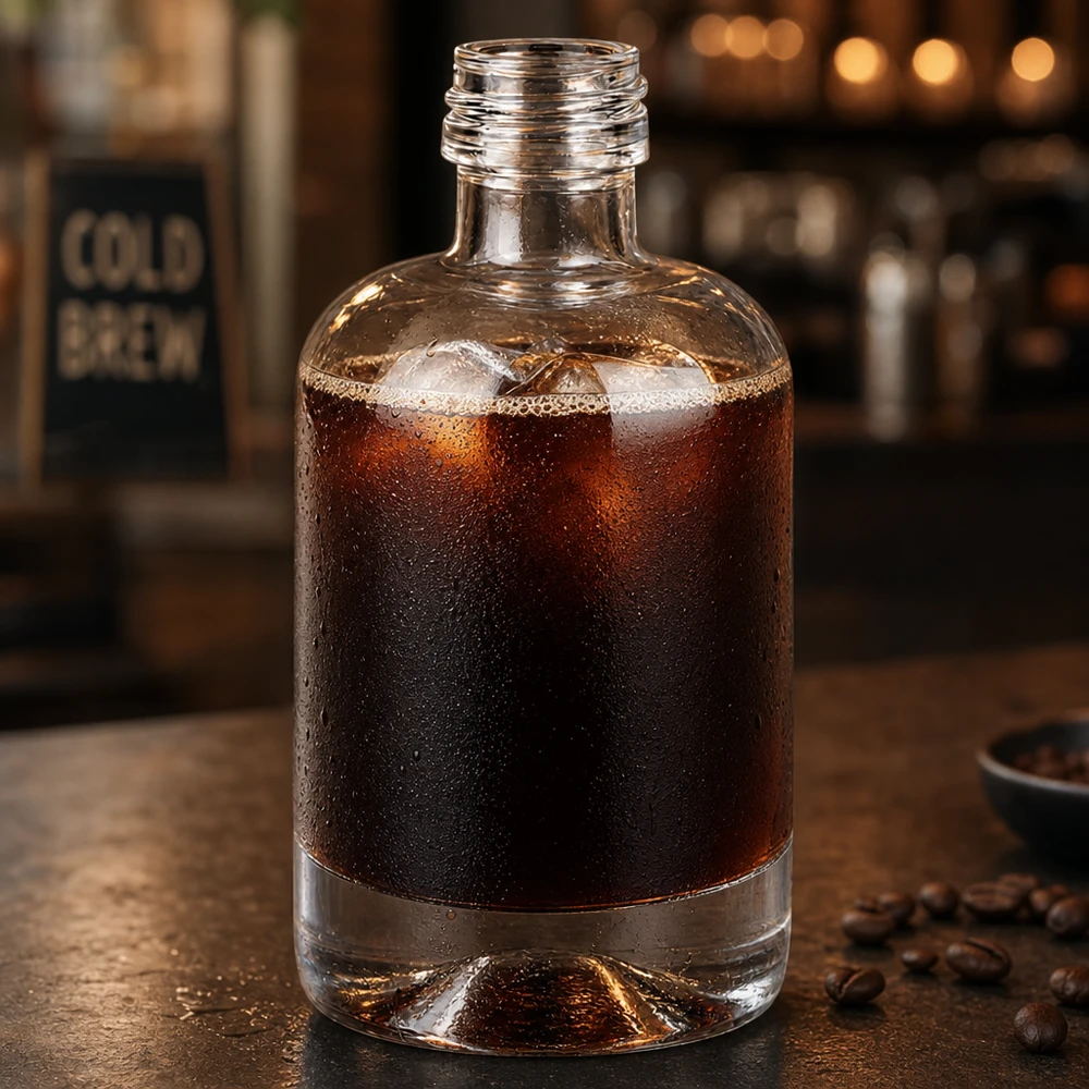 Bottiglia in vetro da 40 ml Sara senza tappo a vite UNiTWIST® Bottiglia di vetro da 40 ml di Sara riempita di caffè cold brew circondata da chicchi di caffè in un'atmosfera da caffè senza tappo