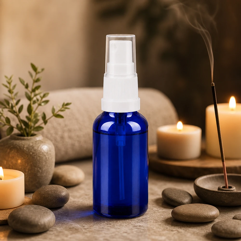 Elegante flacone in vetro blu da 30 ml con tappo bianco per uso professionale