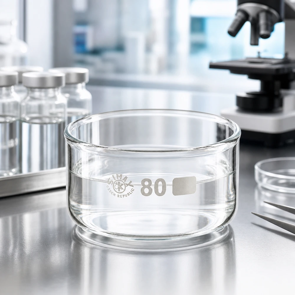Piatto per cristallizzazione da 150 ml senza beccuccio Bo. ø80mm Vaschetta di cristallizzazione SIMAX da 150 ml in un laboratorio moderno, accanto a un microscopio e a fiale di vetro da ø80 mm