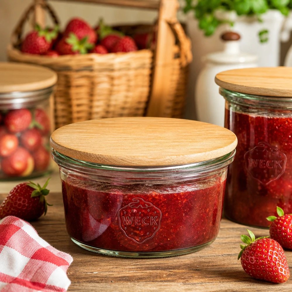 Mini barattolo da 50 ml WECK RR60 con coperchio in legno WECK mini mason jar 50ml riempito di marmellata di fragole e coperchio in bambù in cucina rustica con fragole fresche