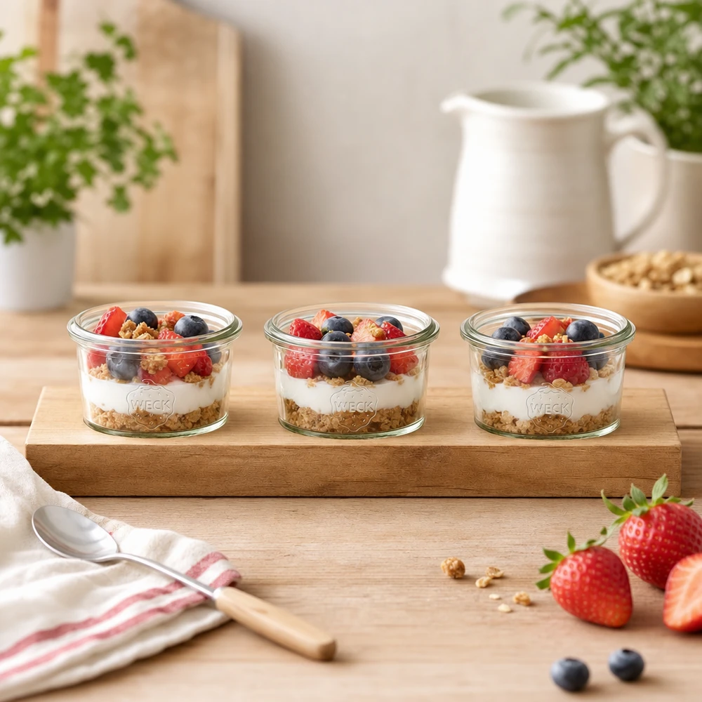 Tagliere Plano3 con 3 vasetti Weck da 80 ml Tavola da portata in legno Plano3 con bicchieri Weck da 80 ml come parfait di yogurt con frutti di bosco e granola in una cucina luminosa