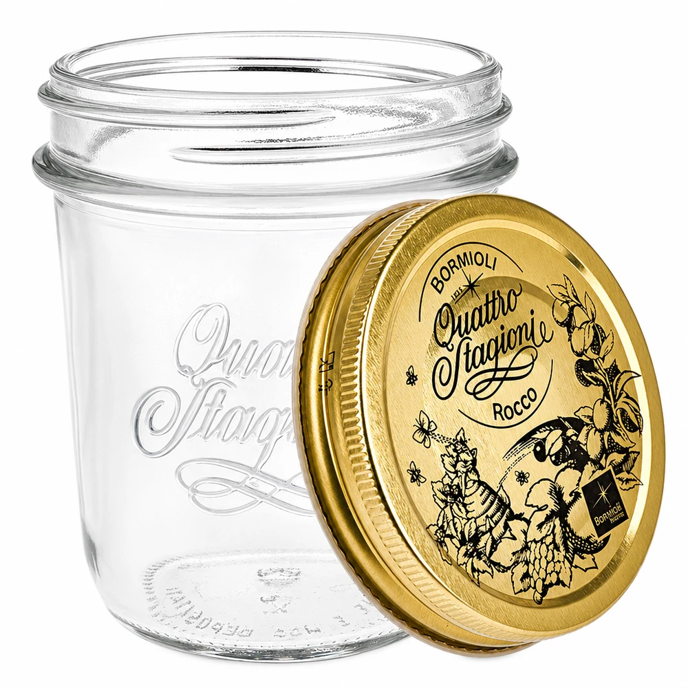 320ml Sturzglas "Quattro Stagioni" mit Deckel Bormioli Rocco Quattro Stagioni 320ml Einmachglas geöffnet mit abnehmbarem Golddeckel und Kräutermotiv