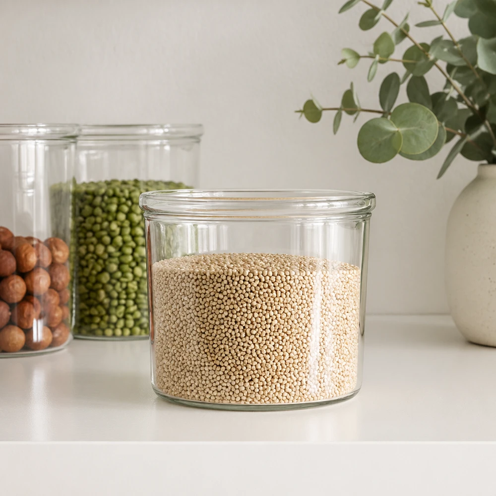 Bocal WECK RR40 de 35 ml WECK Sturzglas 35ml RR40 mit Quinoa gefüllt neben anderen Vorratsgläsern mit Hülsenfrüchten in moderner Küche