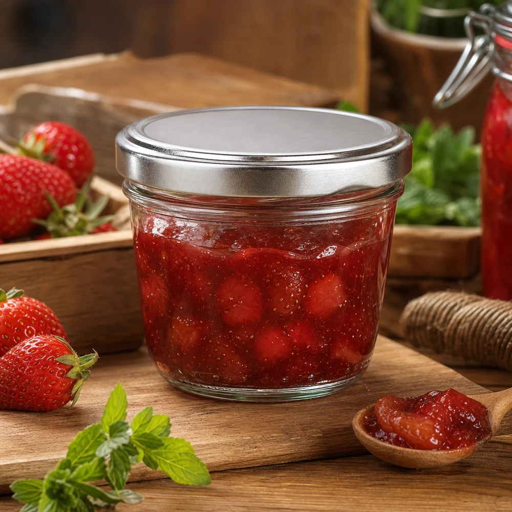 Vasetto da 230 ml con coperchio BasicSeal argentato riempito di marmellata di fragole Marmellata su tavola di legno con fragole fresche