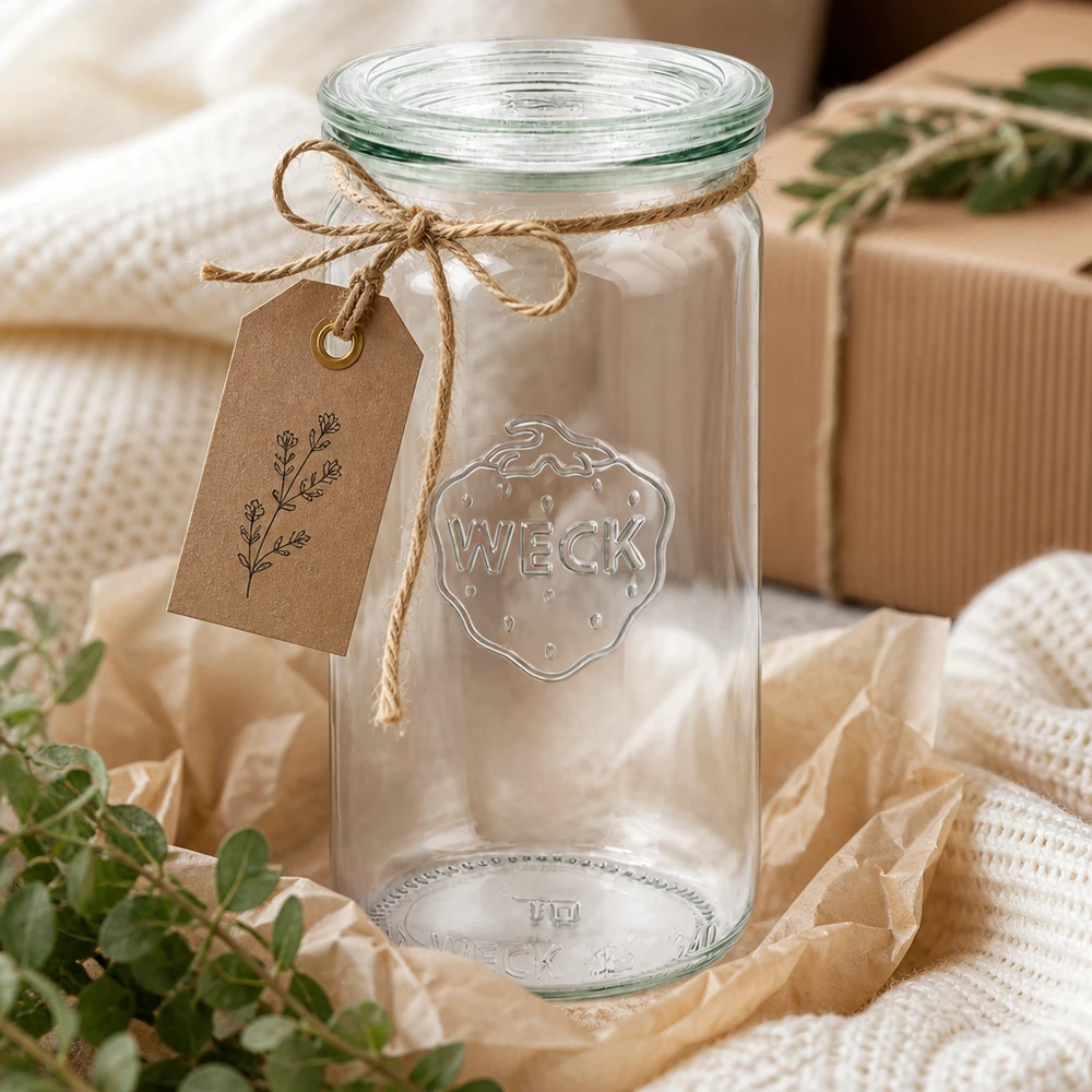 340ml Zylinderglas mit Glasdeckel WECK RR60 WECK 340ml Zylinderglas RR60 dekorativ mit Juteschnur und Etikett als Geschenkverpackung auf beiger Textilie