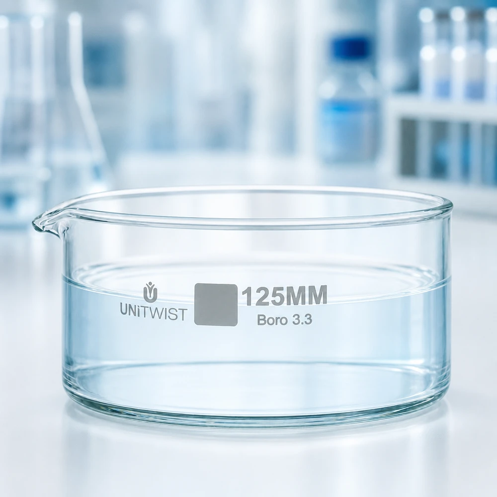 Cristallisoir ø125mm verre borosilicaté UNiTWIST Coupelle de cristallisation vide 125 mm UNiTWIST en verre borosilicaté Boro 3.3, modèle plat, fixation de laboratoire