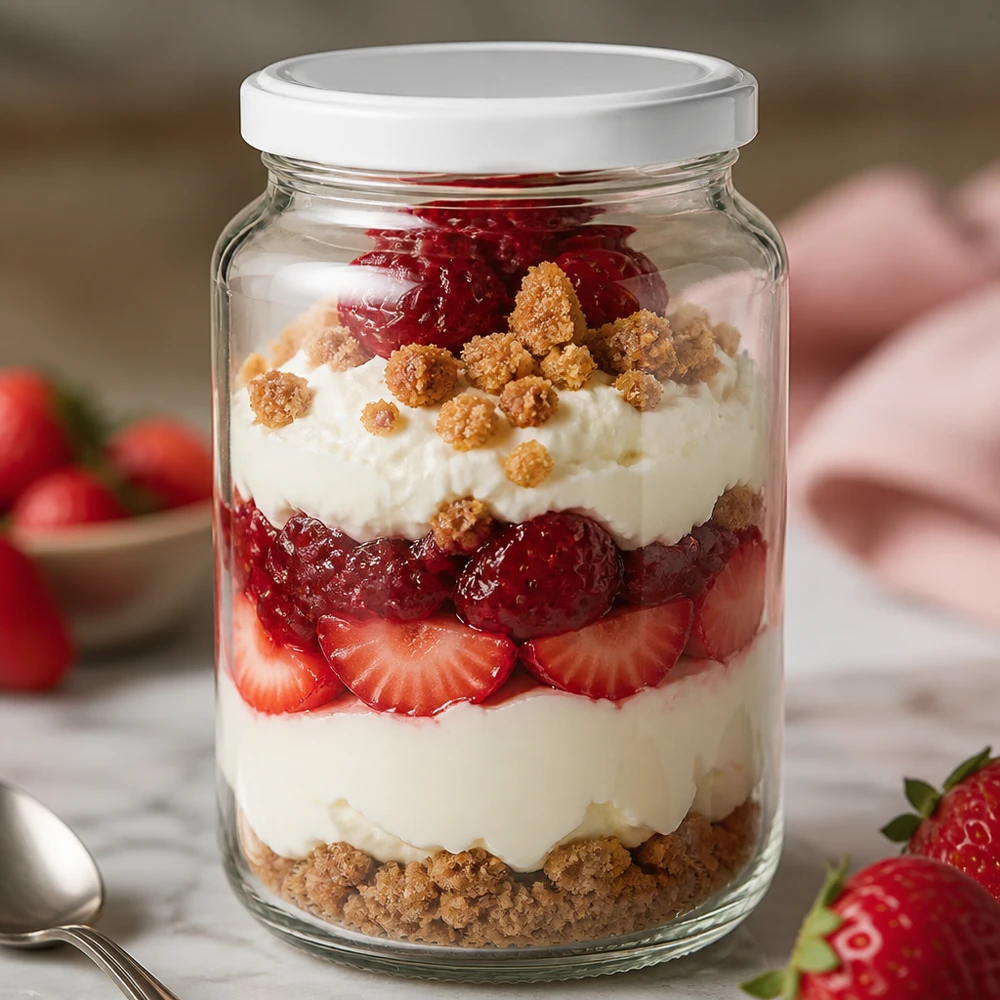 Bicchiere rotondo UNiTWIST da 382 ml con coperchio BasicSeal bianco come bicchiere da dessert con fragole e panna a strati