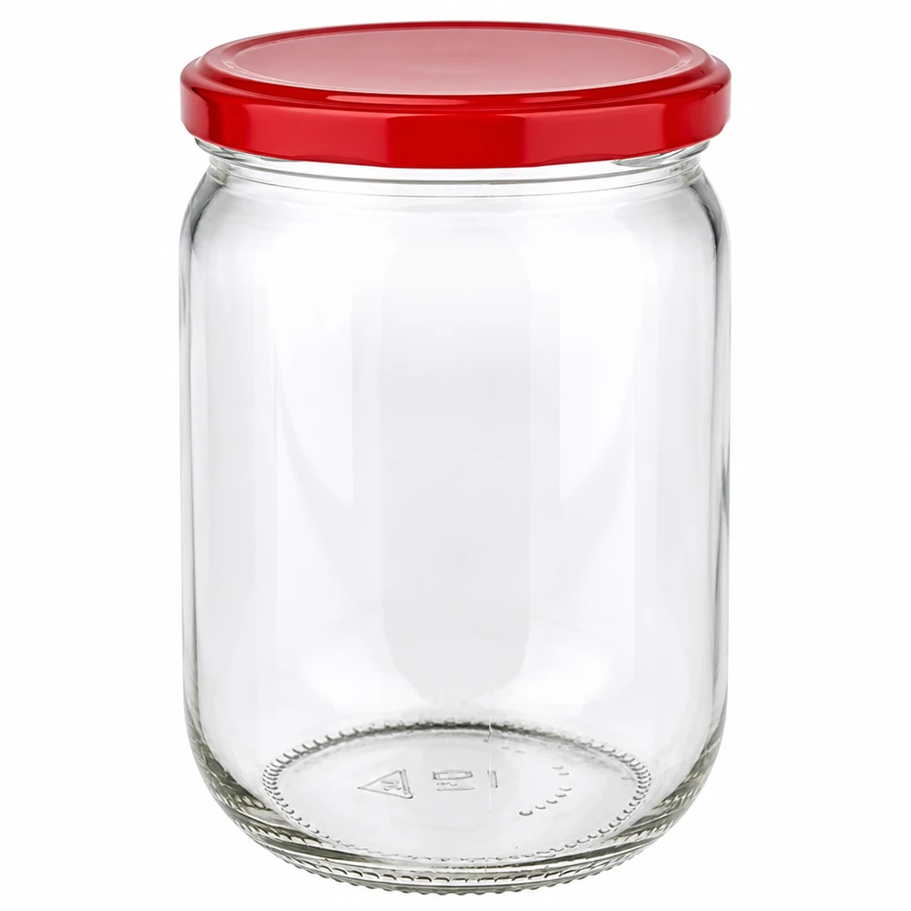 555ml Rundglas + BasicSeal Deckel rot UNiTWIST Leeres transparentes Einmachglas 555ml mit rotem Twist-Off Deckel auf weißem Hintergrund