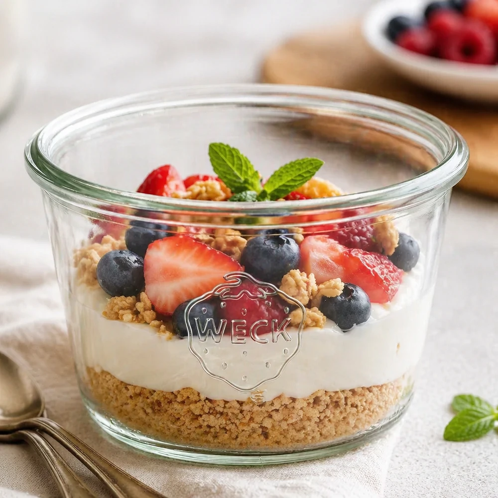 Bicchieri da 370 ml WECK RR100 Bicchieri WECK da 370 ml RR100 riempiti con muesli allo yogurt e bacche su un tavolo di legno bianco