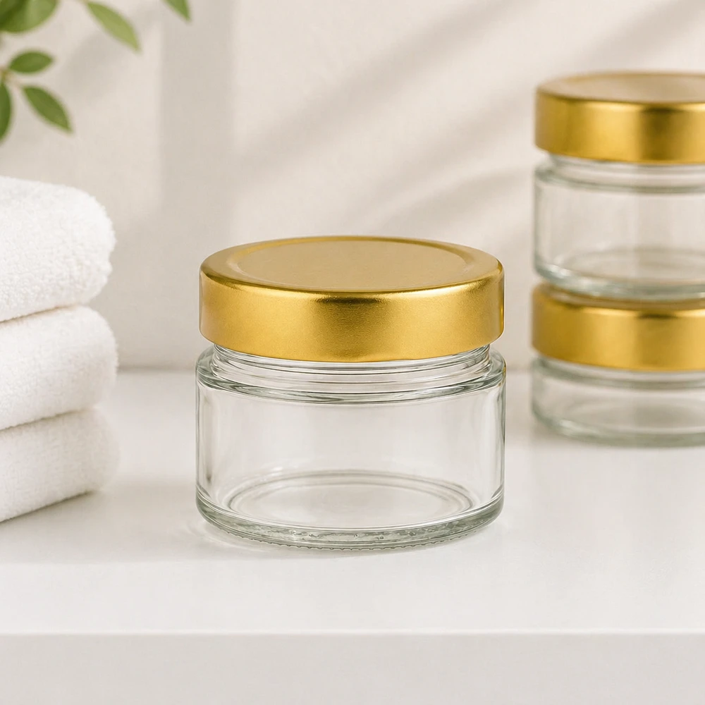 Barattolo rotondo da 80 ml con coperchio BasicSeal oro intenso in un ambiente bagno con asciugamani bianchi per cosmetici