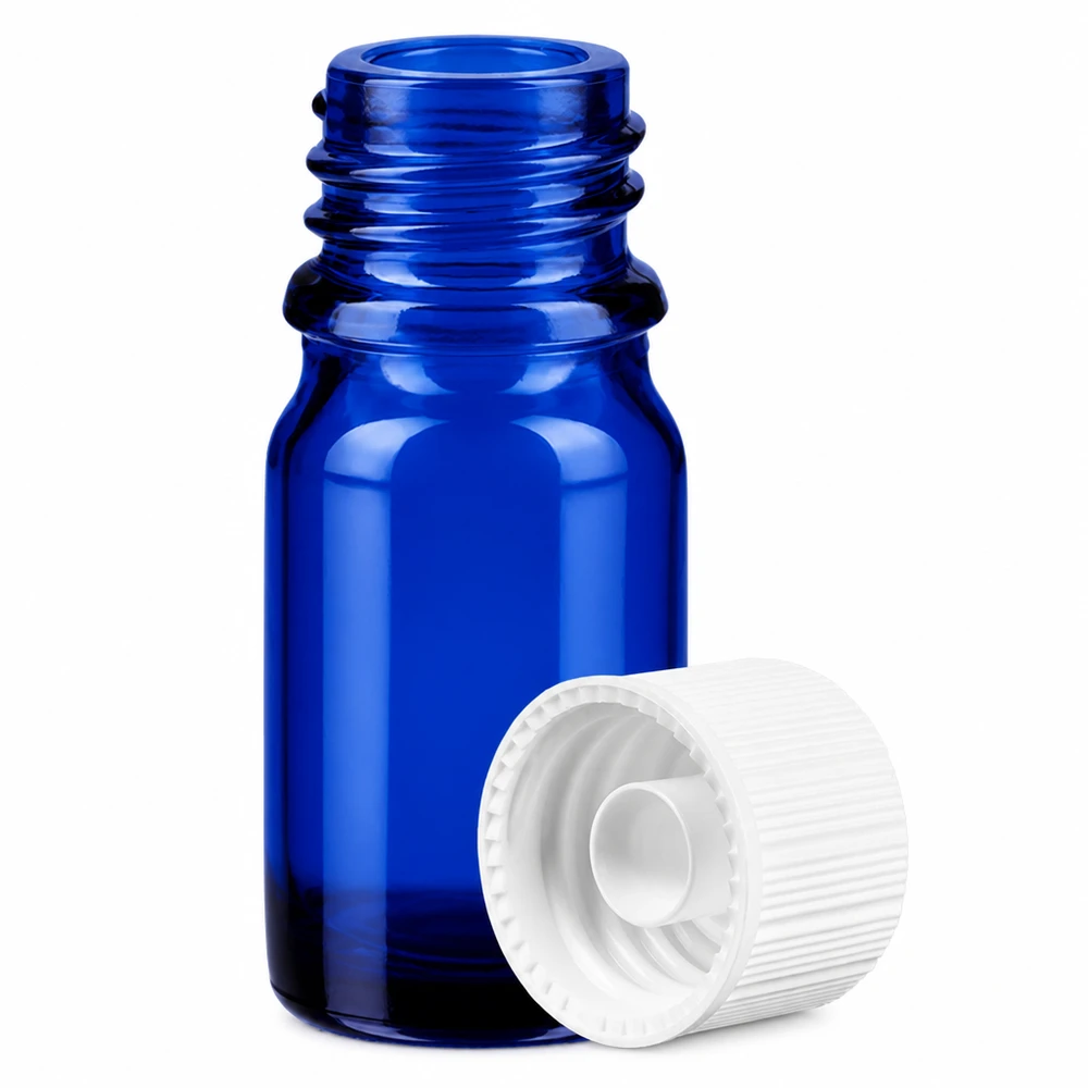 Flacone in vetro di alta qualità da 5 ml, blu, con filettatura a vite da 11 mm, per uso farmaceutico e di laboratorio.