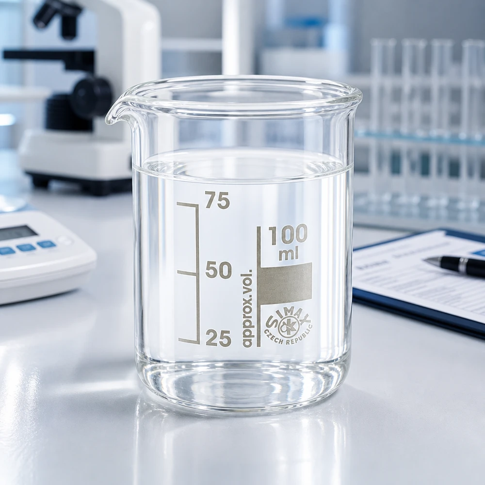 Bicchiere trasparente da 100 ml in vetro borosilicato con scala volumetrica precisa per applicazioni di laboratorio