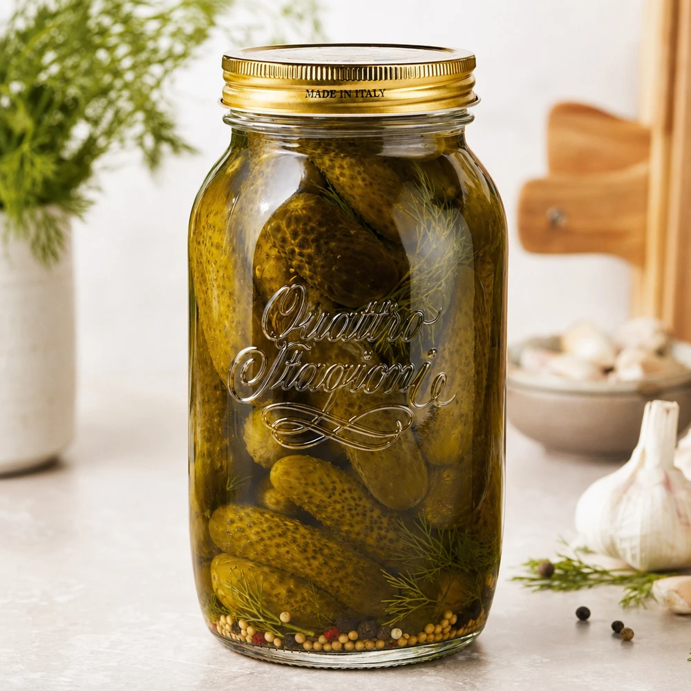 1500ml vetro tondo "Quattro Stagioni" con coperchio Quattro Stagioni 1500ml Einmachglas gefüllt mit eingelegten Gurken und Dill zeigt praktische Verwendung als Konservengla