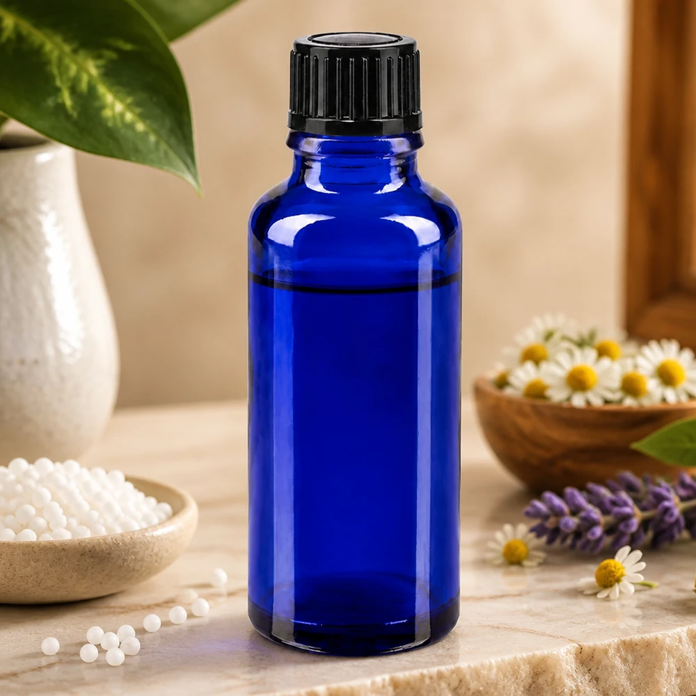 Flacon à pharmacie bleu 30ml bouchon compte-gouttes 1mm noir std Petit flacon de 30 ml en verre de pharmacie bleu cobalt, muni d'un bouchon noir à sécurité enfants