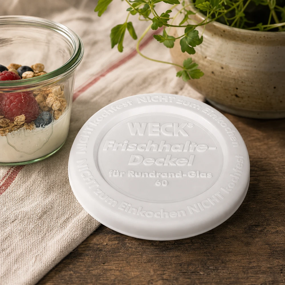 Coperchio di conservazione WECK/REX RR60 Coperchio WECK keep-fresh RR60 in plastica bianca su tavolo di legno accanto a yogurt con bacche Decorazione naturale per la cucina