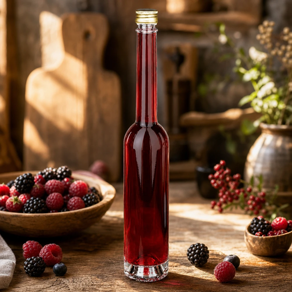 Bottiglia in vetro da 100 ml Toni con tappo a vite argento UNiTWIST® Bottiglia di vetro da 100 ml di Toni riempita di liquore ai frutti di bosco - tappo d'oro UNiTWIST in cucina rustica con frutti di bosco freschi