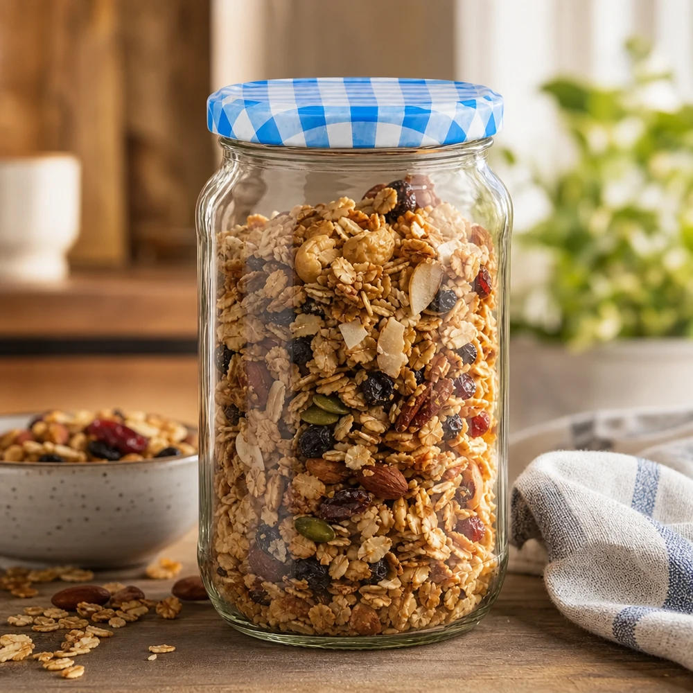 Barattolo rotondo da 1062 ml con muesli e noci, coperchio BasicSeal blu e bianco, perfetto per conservare i cereali.