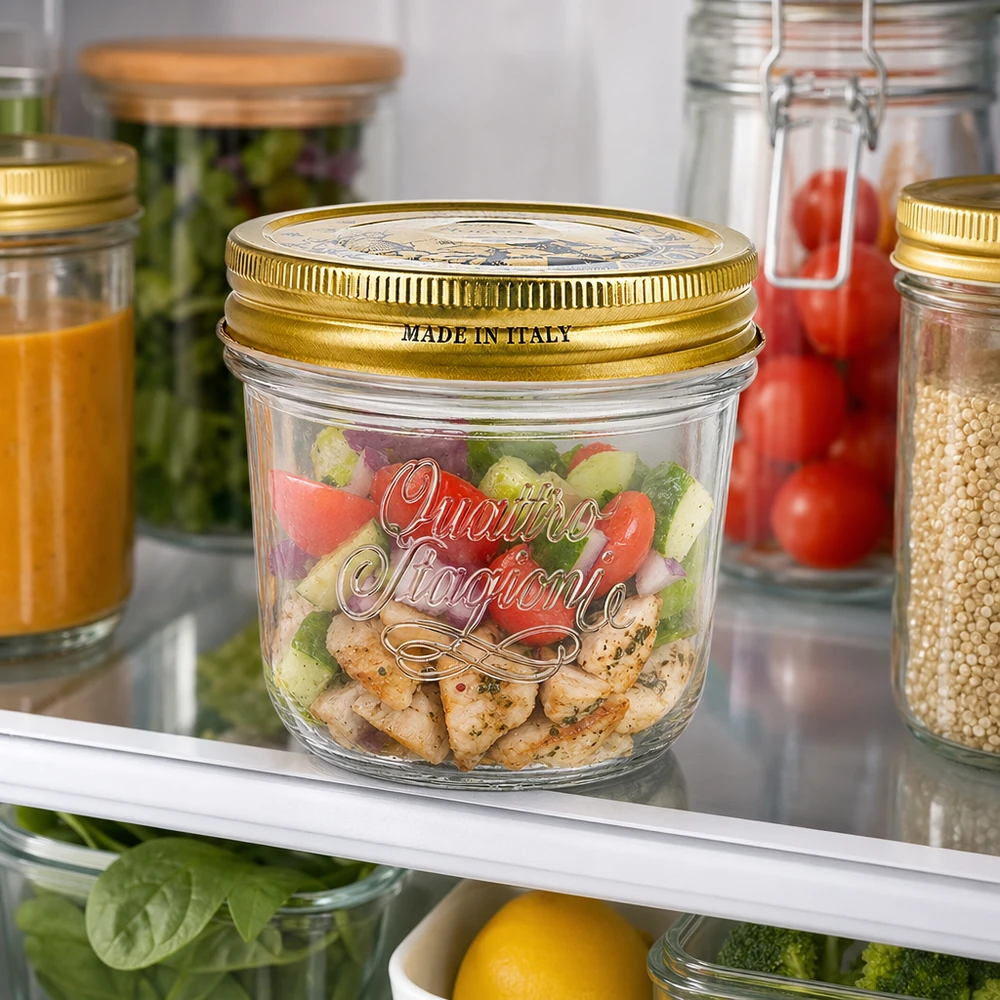 Barattolo di vetro Quattro Stagioni da 200 ml con coperchio dorato, pieno di insalata colorata, in frigorifero accanto ad altri barattoli per la conservazione.