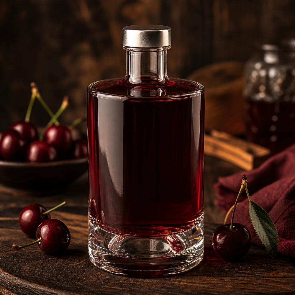 Bottiglia in vetro Sam da 375 ml con riempimento rosso ciliegia e tappo argentato tra ciliegie fresche su un tavolo di legno