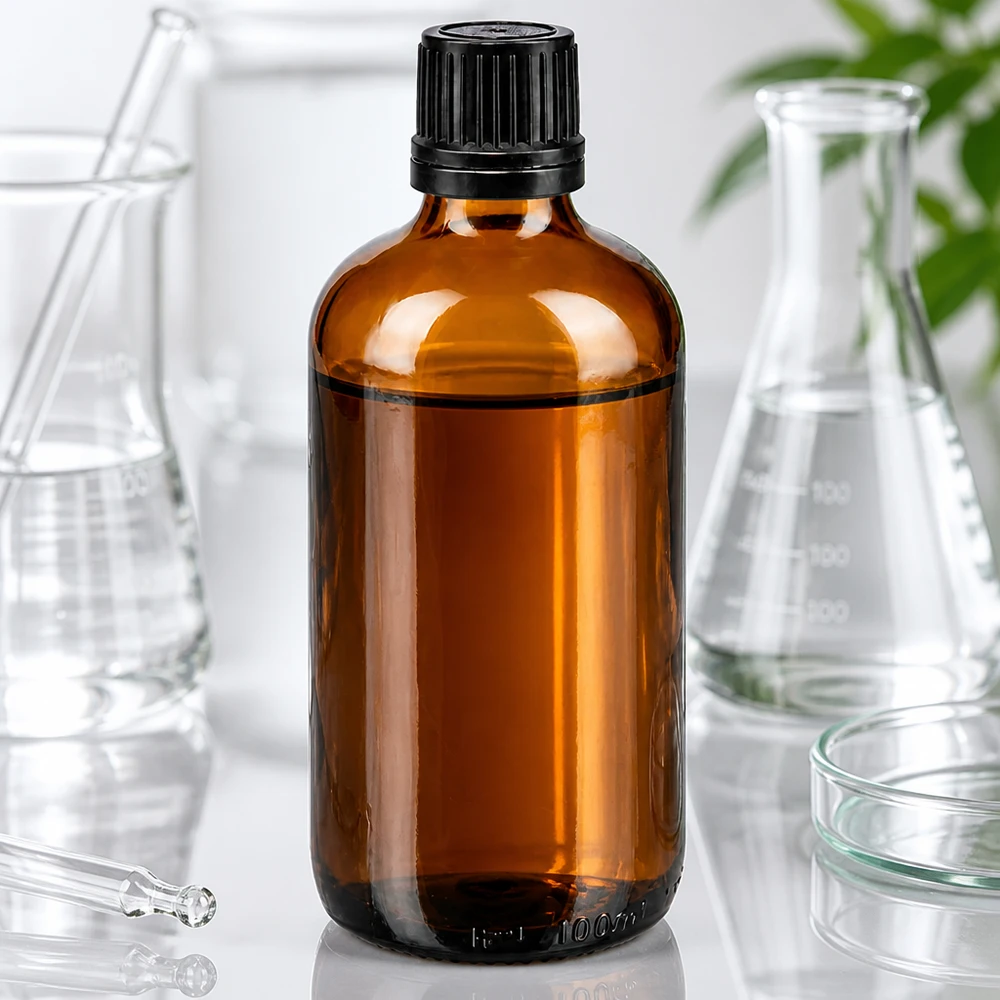 Flacon de pharmacie brun 100ml bouchon compte-gouttes 1mm noir bouchon d'inviolabilité Flacon de pharmacie de 100 ml en verre ambré avec bouchon à vis noir et compte-gouttes de 1 mm en laboratoire