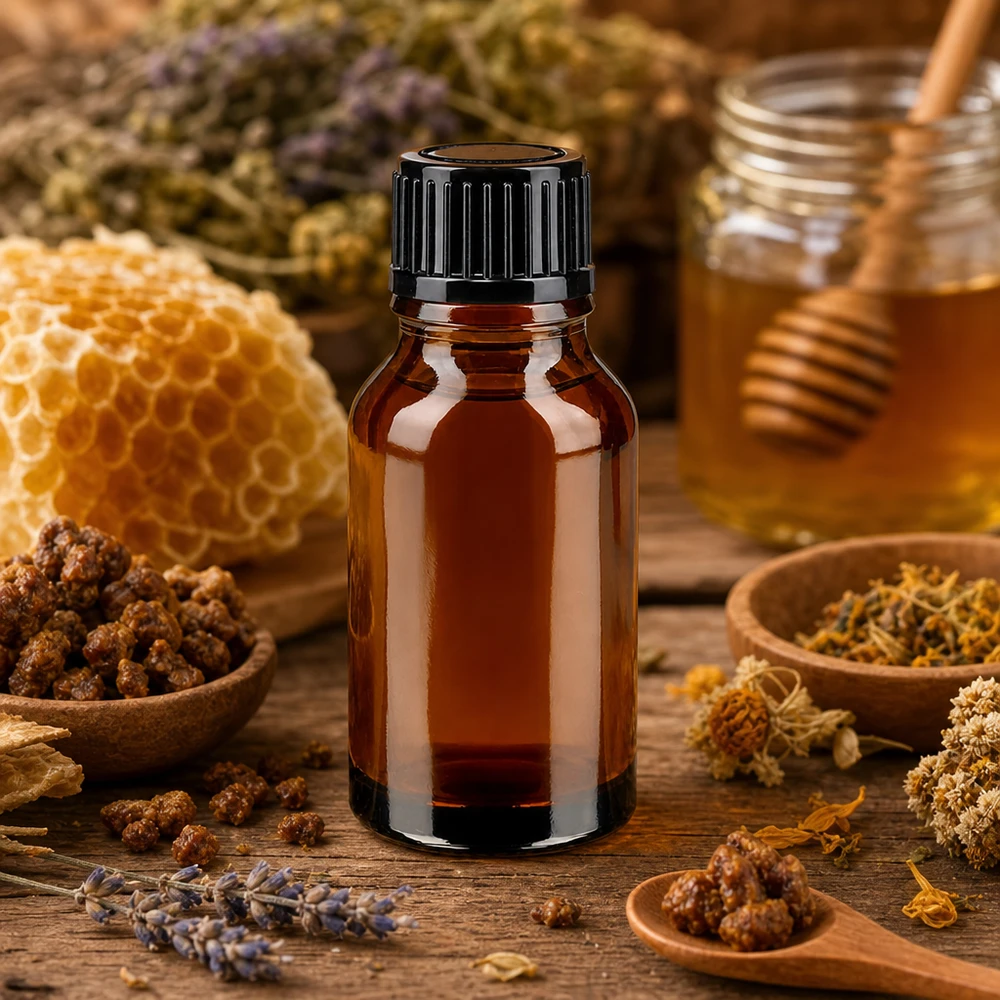 Kompakte Apothekenfl 15ml Braunglas Schraubv schwarz auf Holz mit Honigwabe und Heilpflanzen