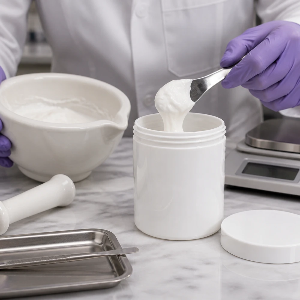 Pot à onguent blanc 800 g avec couvercle blanc (PP) Pot en PP blanc de 800 g avec couvercle à vis, idéal pour les crèmes préparées en pharmacie