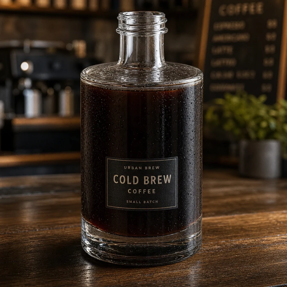 Bottiglia di vetro da 375 ml Sam riempita di caffè freddo, presentata in un'elegante atmosfera da bar.
