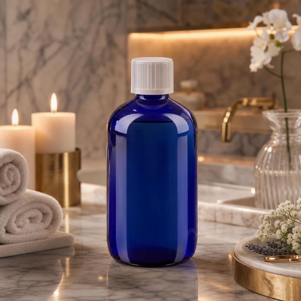Flacon de pharmacie bleu de 100 ml avec bouchon de sécurité enfant, dans une ambiance spa élégante agrémentée de bougies